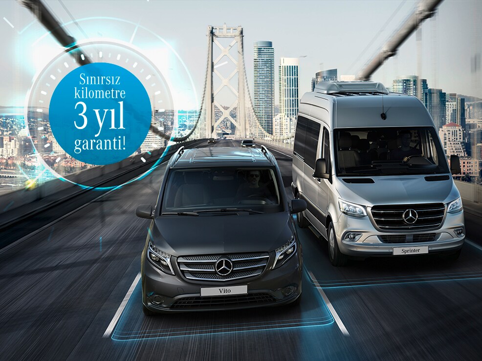 Mercedes-Benz Vito ve Sprinter hafif ticari araçlar yolda sürüş yapıyor.