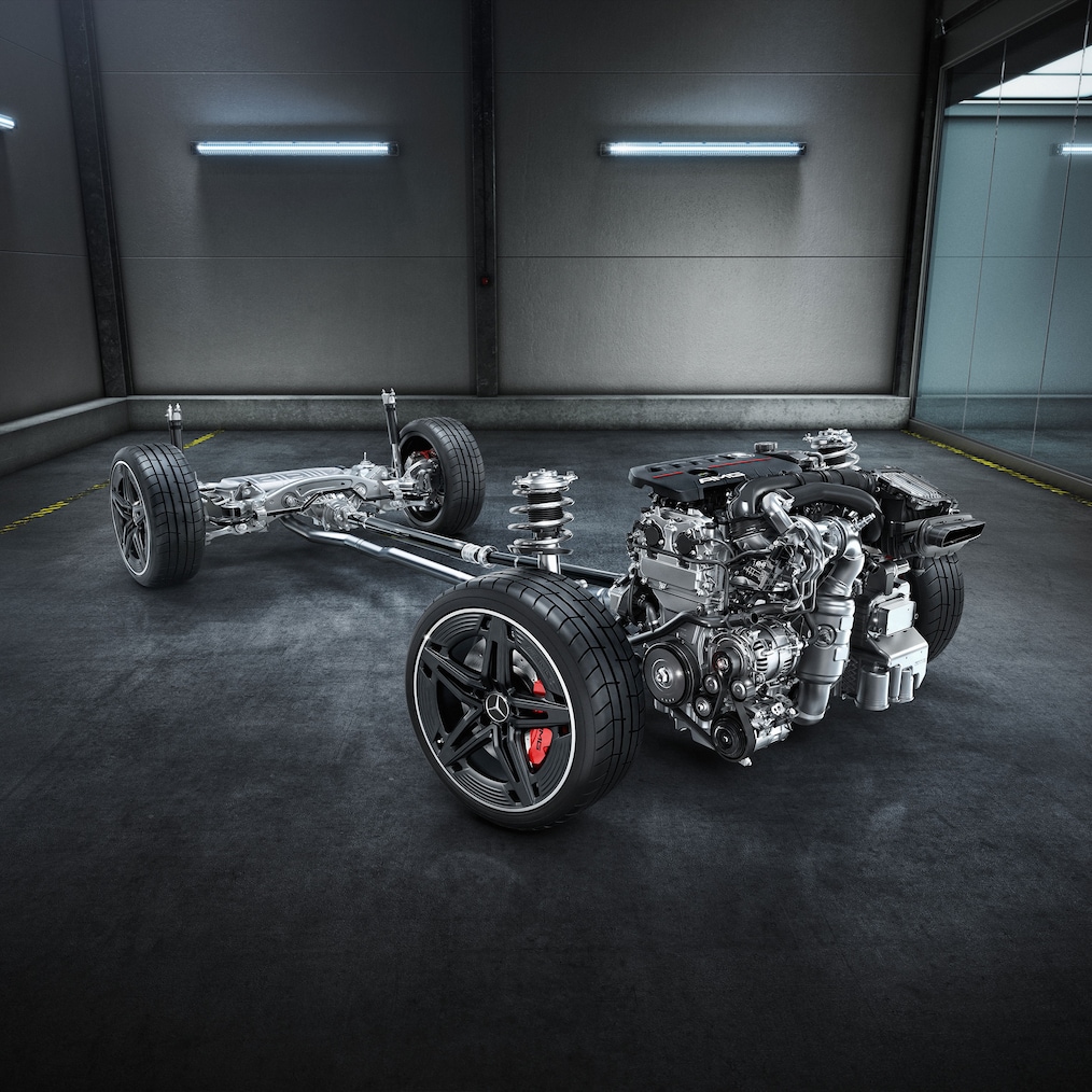 Mercedes-AMG CLA 45 S 4MATIC+ Coupé'nin tahrik aksamlı şasisi.