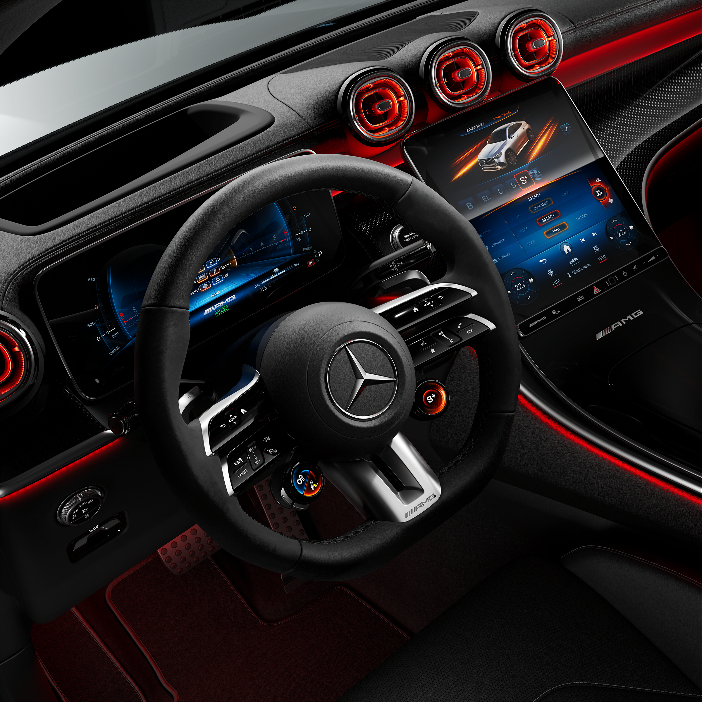 Mercedes-AMG GLC Coupé'deki bir AMG Performance direksiyon simidinin yakından görünümü.