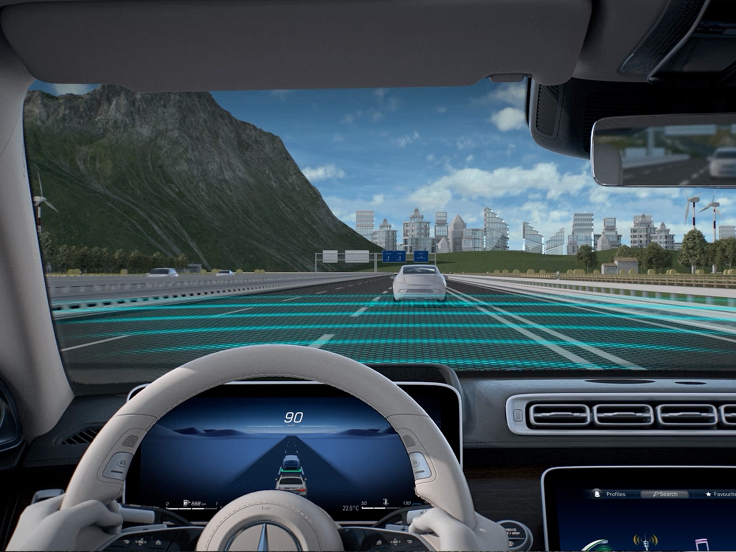 Videoda, Mercedes-Maybach S-Serisindeki DISTRONIC, Aktif Takip Yardımcısı'nın çalışma şekilleri gösterilmektedir.