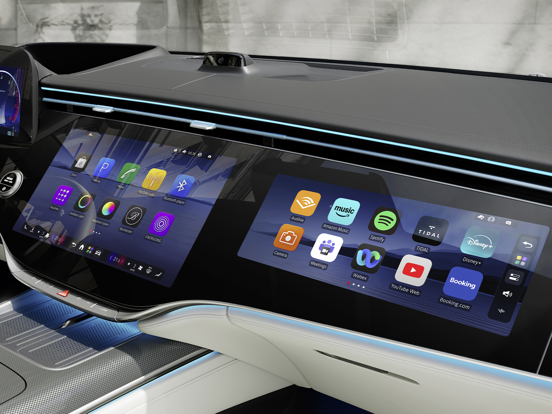 Mercedes-Benz işletim sistemi | S-Serisi Sedan | Mercedes-Benz Yeni Mercedes-Benz S-Serisi Uzun Sedan’ın kokpitindeki bulunan MBUX Superscreen, Mercedes-Benz'in MB.OS işletim sistemini gösteriyor.