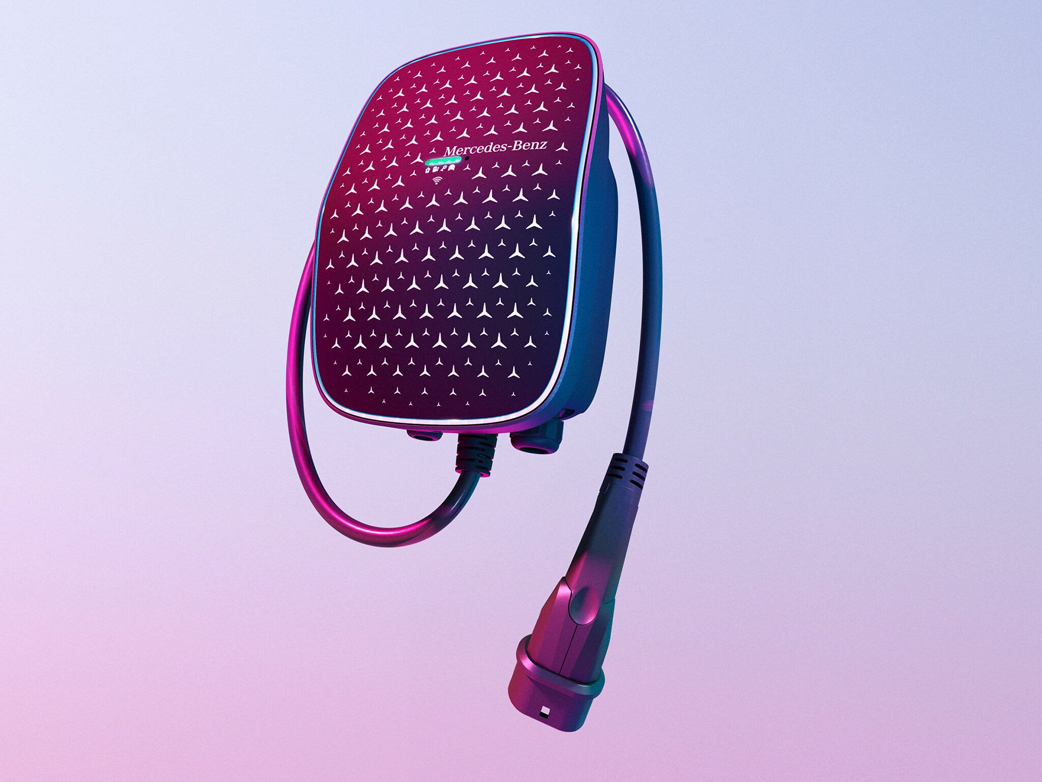 Pembe aydınlatmalı EQ tasarımlı bir Mercedes-Benz duvar tipi şarj ünitesi