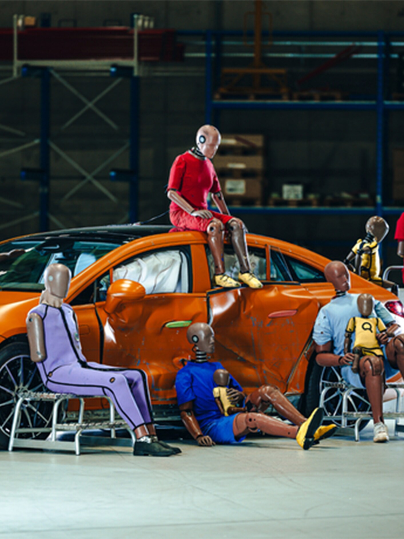 Bir Mercedes-Benz aracın üzerinde ve etrafında oturan çok sayıda çarpışma testi mankeni.