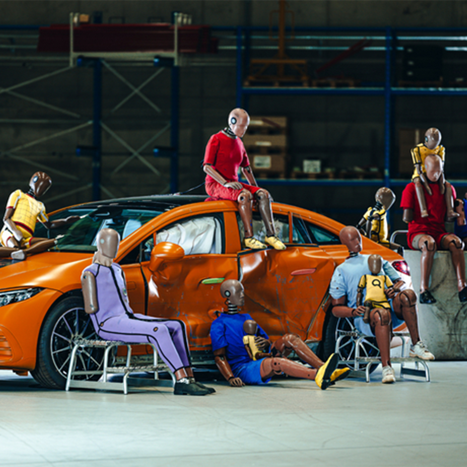 Çarpışma testi mankenleri | Emniyet | Mercedes-Benz Bir Mercedes-Benz aracın üzerinde ve etrafında oturan çok sayıda çarpışma testi mankeni.