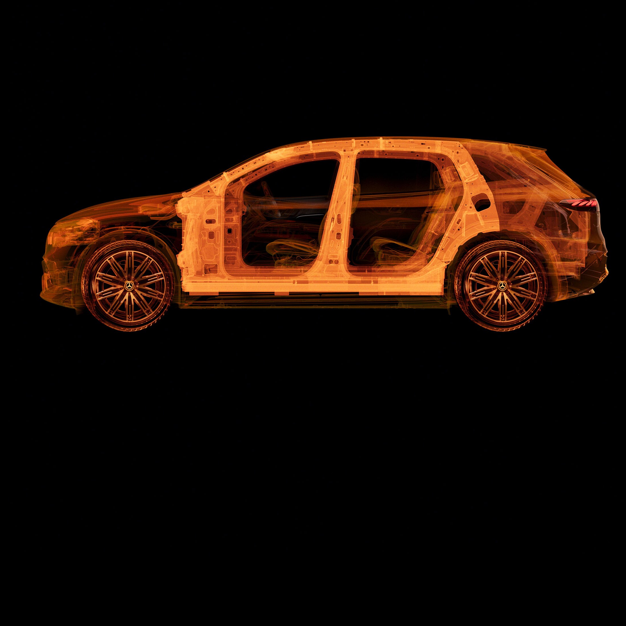 Bir Mercedes-Benz aracının iç yapılarını gösteren şeffaf yandan görünümü.