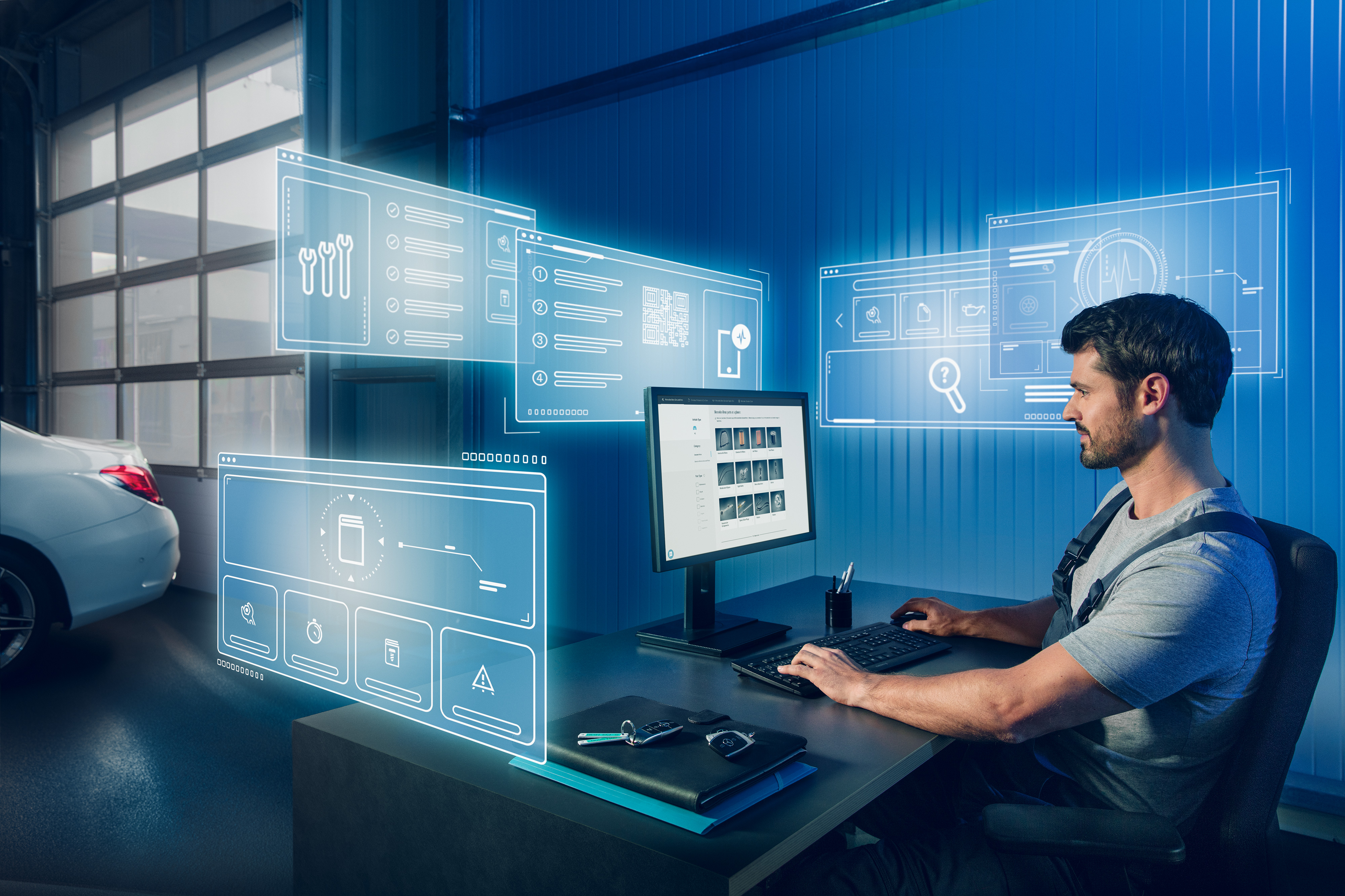 Mercedes-Benz | Hafif Ticari Araçlar Orijinal Parça Kalitesi Bilgisayarda Mercedes yedek parça kataloğunda uygun Mercedes-Benz orijinal parçalar arayan bir mekanik teknisyeni.