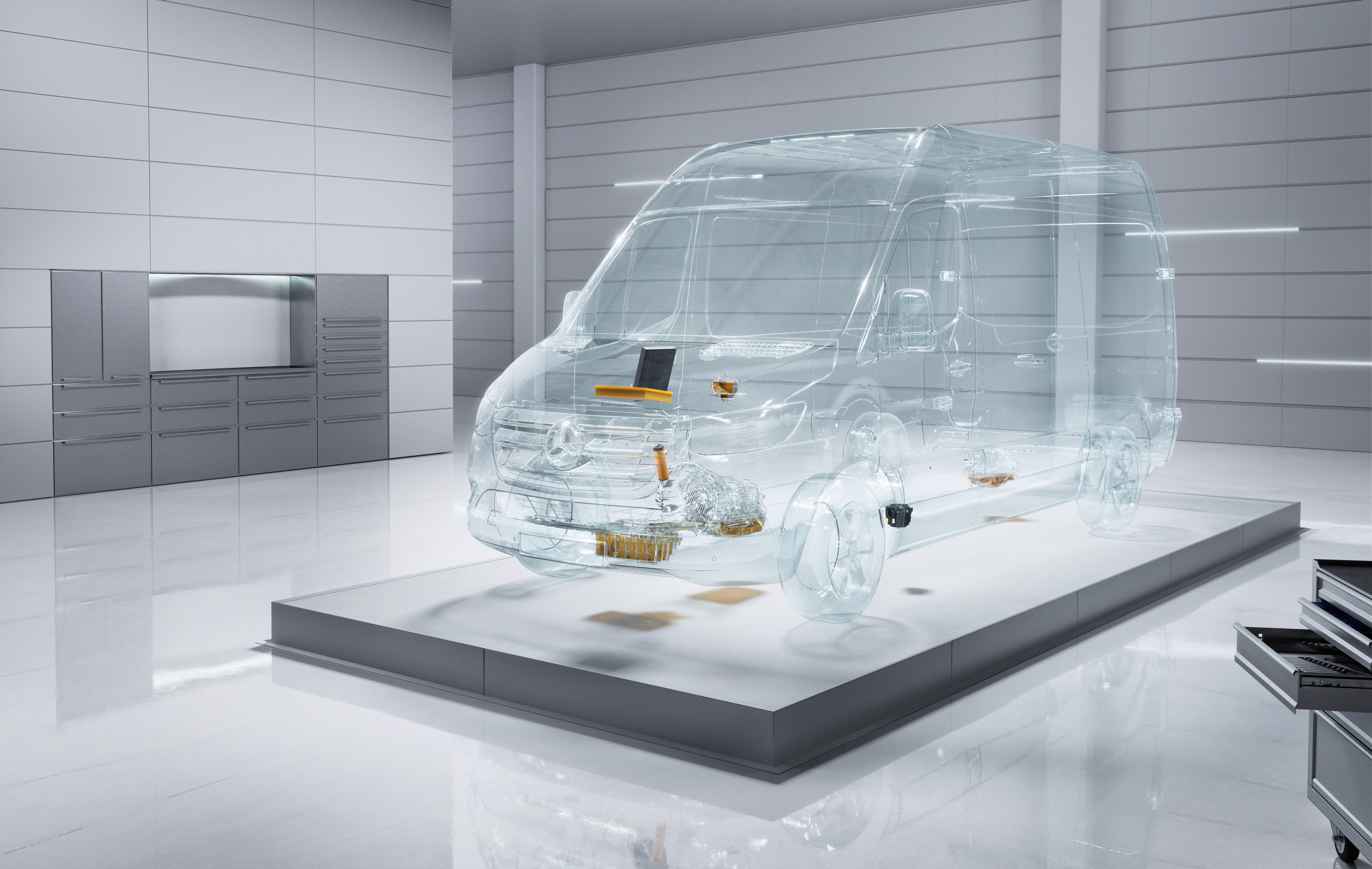 Mercedes-Benz | Hafif Ticari Araç ServiceCare | En Uygun Bakım Yetkili servis ayarlarında sanal şeffaf bir Mercedes-Benz Sprinter hafif ticari araç.